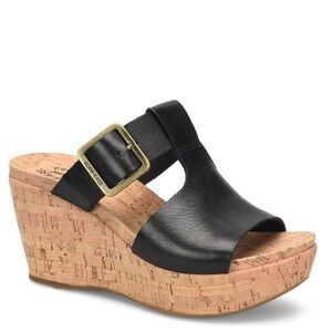 Kork-Ease Black Leather Wedge Sandals with Cork Platform